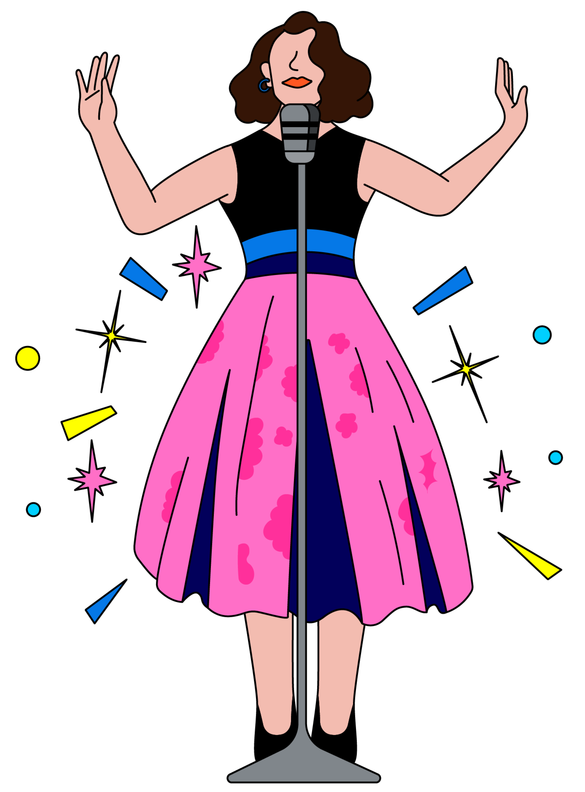 Illustration of Midge from "The Marvelous Mrs Maisel" perfoming on stage
