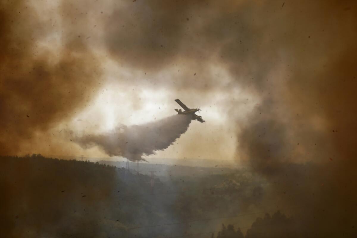 A firefighting airplane drops its load on a forest fire.