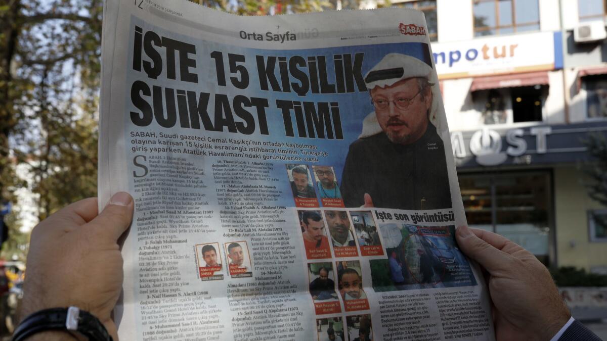 The Turkish newspaper Sabah on Oct. 10 published images of what it described as a 15-member "assassination squad" allegedly sent to target missing Saudi journalist Jamal Khashoggi.