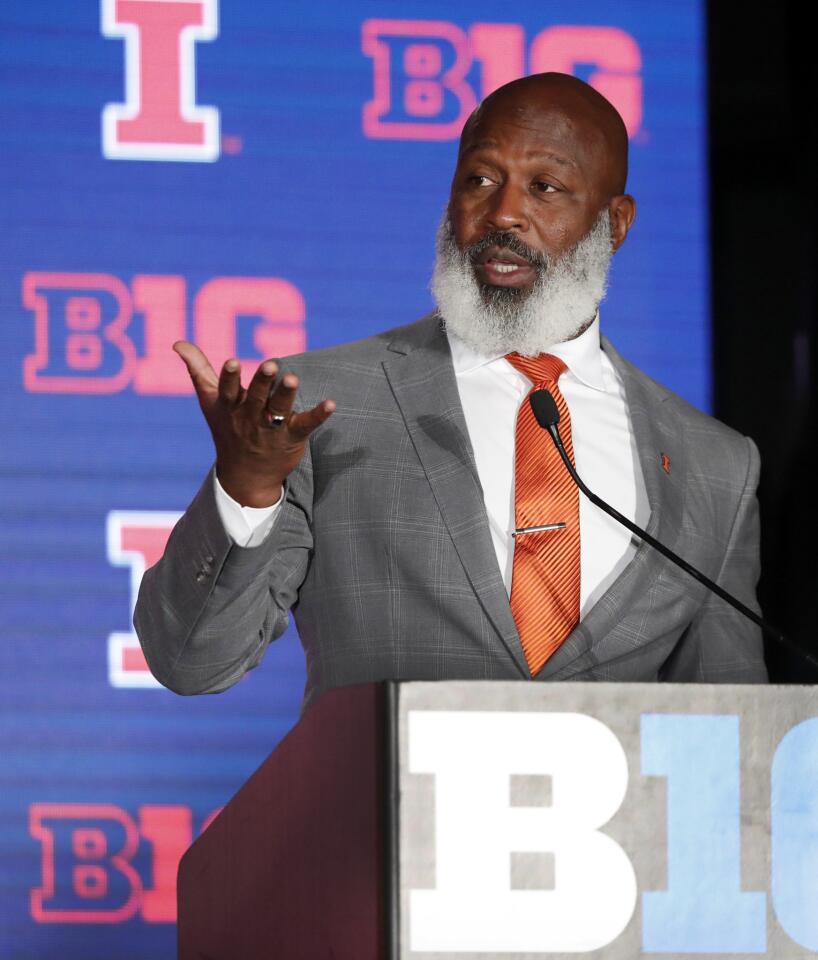 Illinois head coach Lovie Smith responds to a question during the Big Ten Conference NCAA college football media days Thursday, July 18, 2019, in Chicago. (AP Photo/Charles Rex Arbogast)