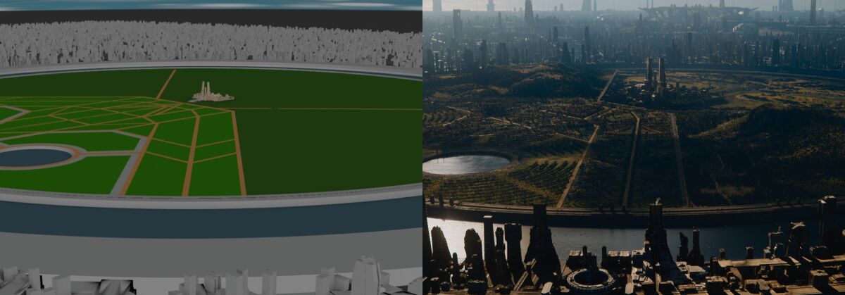 A barely there computerized city scene pairs with the fully filled in scene from "Foundation."
