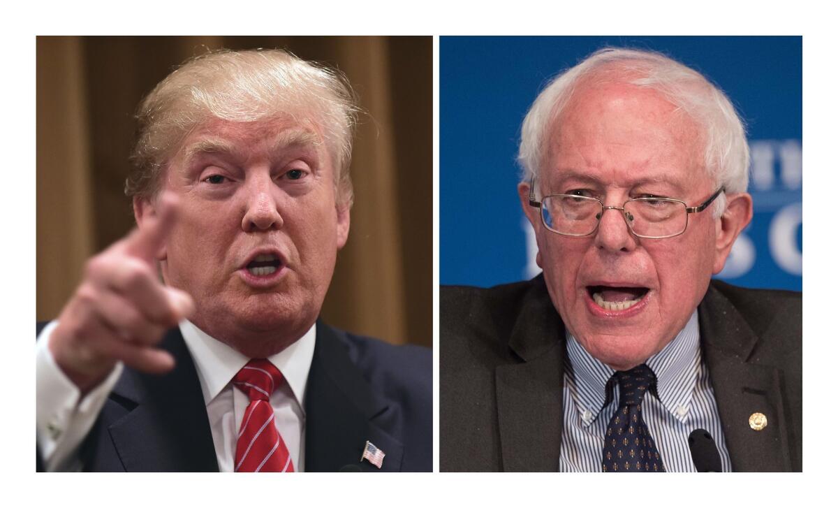 Republican president candidate Donald Trump (L) on July 10, in Los Angeles, and Democratic presidential candidate Bernie Sanders (R) on March 9, in Washington.