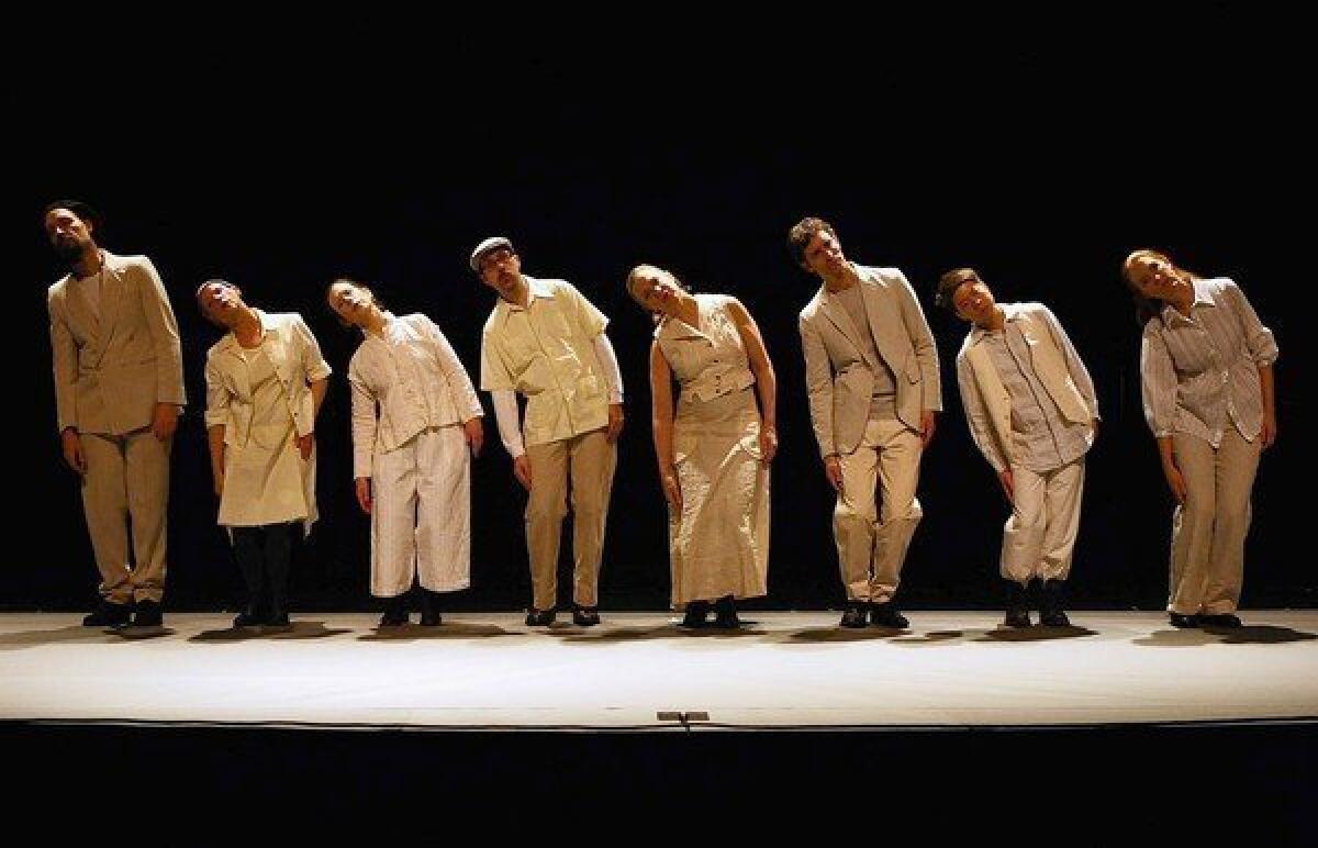 Bohdan Hilash, left, Ellen Fisher, Meredith Monk, John Hollenbeck, Katie Geissinger, Bruce Rameker, Sidney Chen and Allison Sniffin perform in Monk's newly created musical-theater work, "On Behalf of Nature," at the Freud Playhouse on the UCLA campus in Westwood on Jan. 17, 2013.