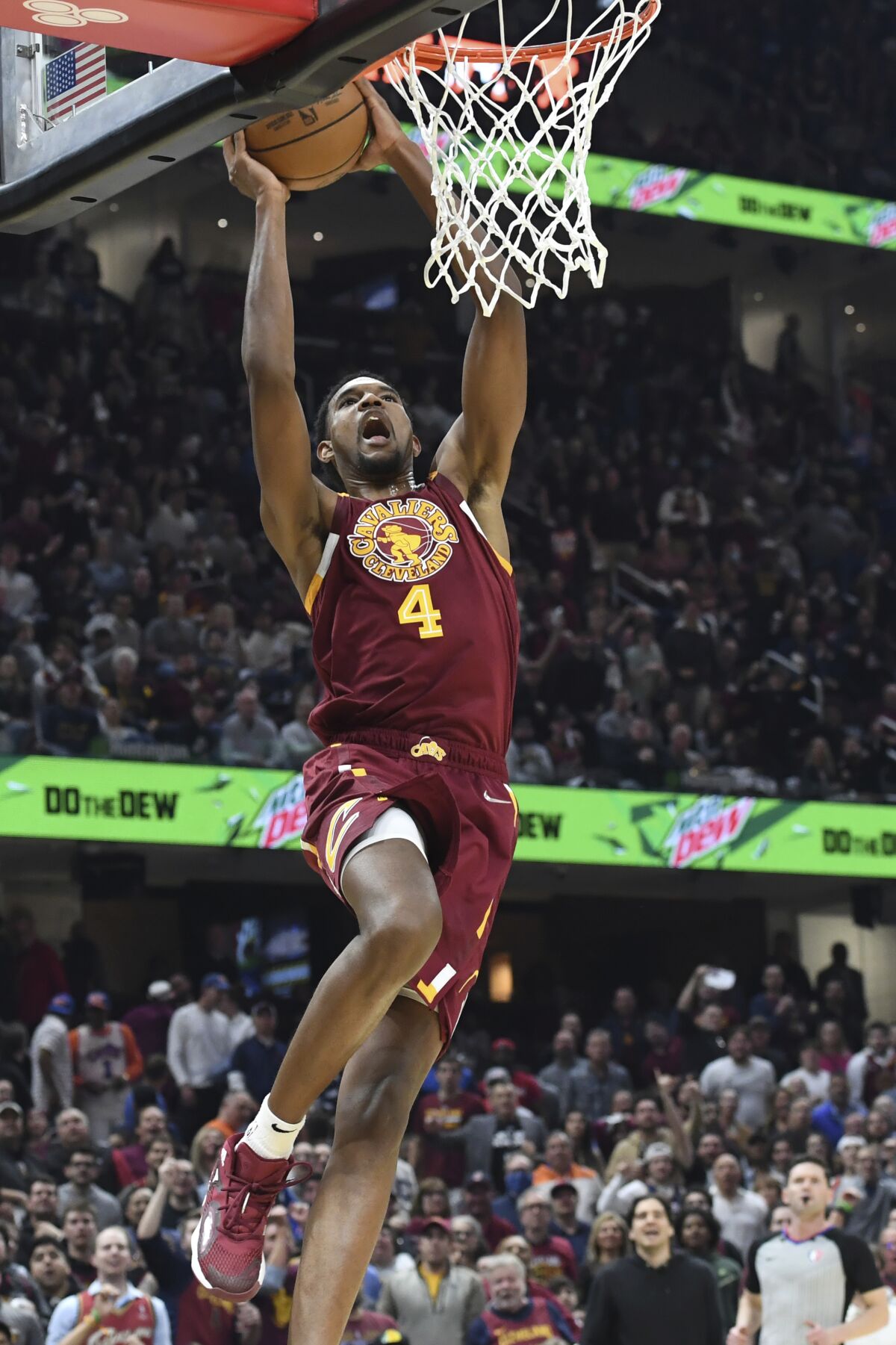 The Cleveland Cavaliers' Evan Mobley dunks during the first half April 15, 2022.