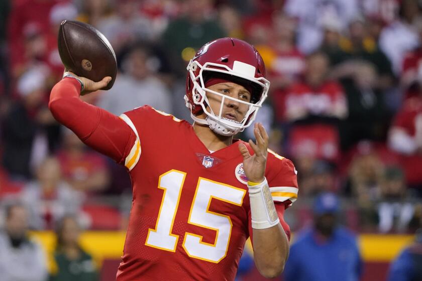 Kansas City Chiefs quarterback Patrick Mahomes throws during the second half of an NFL football game against the Green Bay Packers Sunday, Nov. 7, 2021, in Kansas City, Mo. (AP Photo/Ed Zurga)