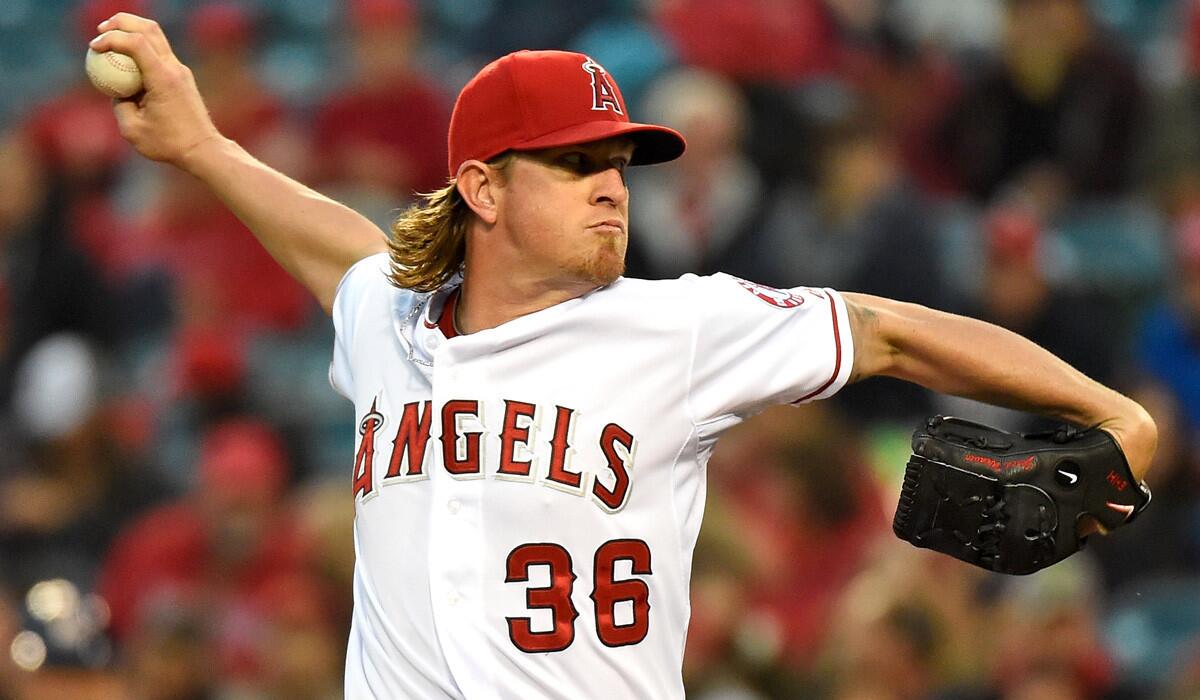 Angels pitcher Jered Weaver pitches during a 2-0 shutout against the Houston Astros at Angel Stadium on Friday.
