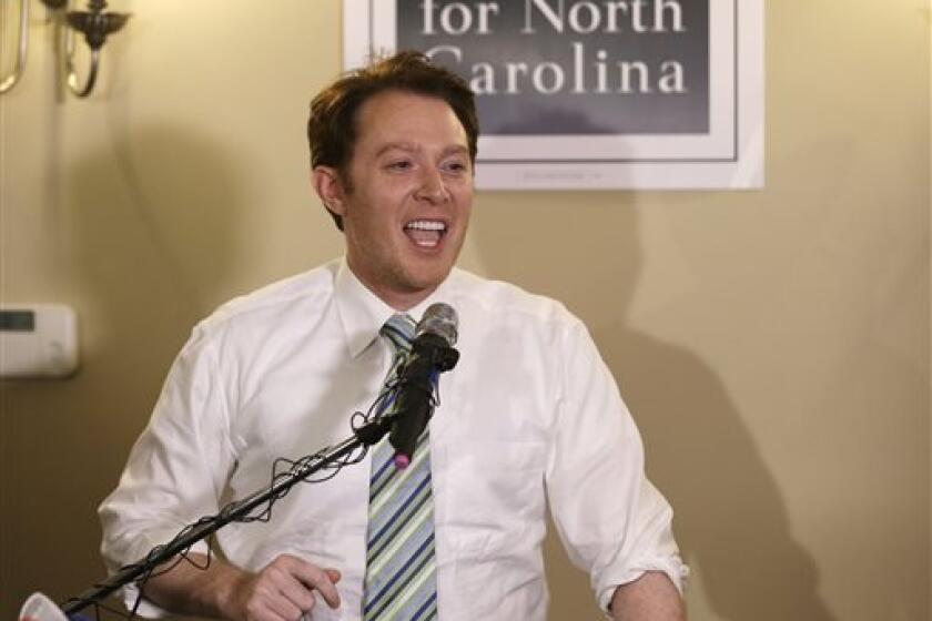 In this file photo, Clay Aiken speaks to supporters during an election night party in Holly Springs, N.C. Aiken won what had been a hotly contested Democratic primary for a North Carolina congressional seat, according to a vote count that was posted Tuesday.