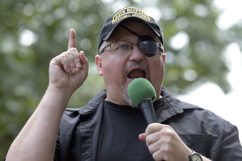 FILE - In this Sunday, June 25, 2017 file photo, Stewart Rhodes, founder of the citizen militia group known as the Oath Keepers speaks during a rally outside the White House in Washington. Rhodes has been arrested and charged with seditious conspiracy in the Jan. 6 attack on the U.S. Capitol. The Justice Department announced the charges against Rhodes on Thursday. (AP Photo/Susan Walsh, File)