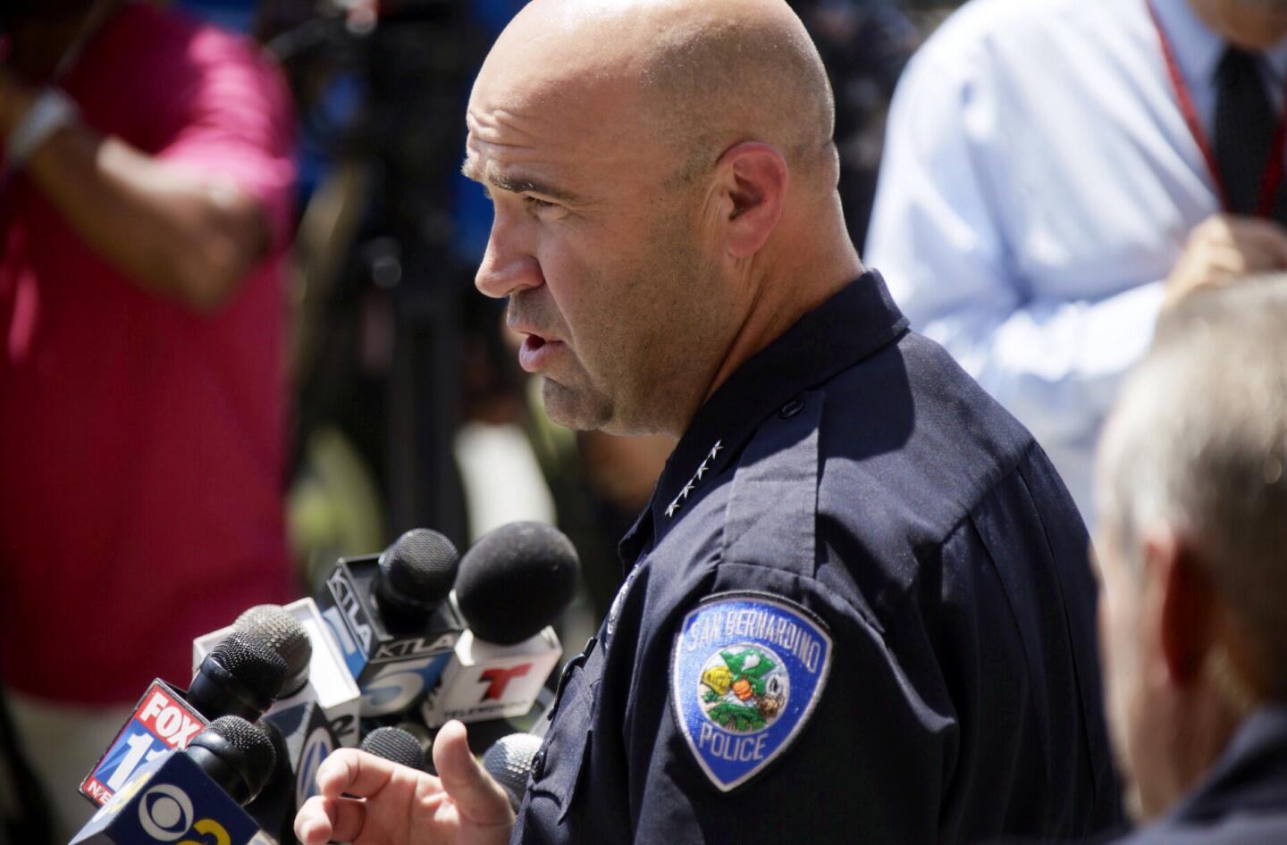 During a Friday afternoon news conference, San Bernardino Police Chief Jarrod Burguan discusses the gun battle between two police officers and a group of people.