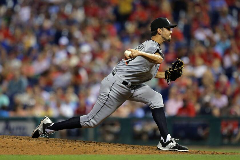 Reliever Steve Cishek delivers a pitch for the Marlins during a game against the Phillies in Philadelphia on July 18.