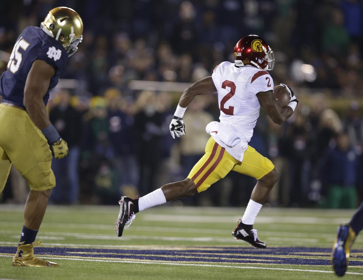 USC's Adoree' Jackson runs for a 83-yard touchdown reception during the first half of the Trojans' loss to Notre Dame, 41-31.