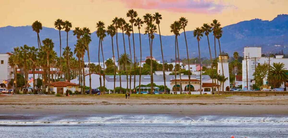 Santa Barbara coast with palm trees, beach and buildings seen from the ocean