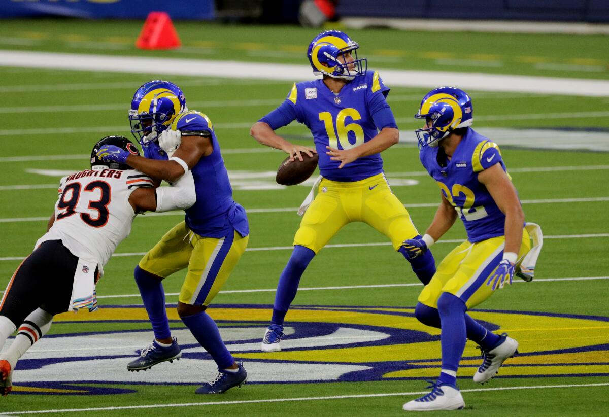 Rams quarterback Jared Goff looks to pass from the pocket against the Chicago Bears.