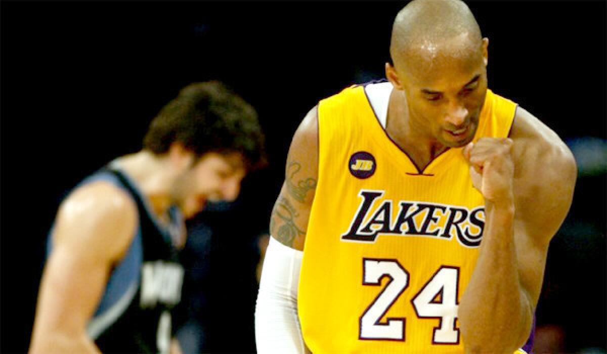 Kobe Bryant's 33 points helped drive the Lakers to their 21st consecutive victory over the Minnesota Timberwolves and to within two games of a playoff position.
