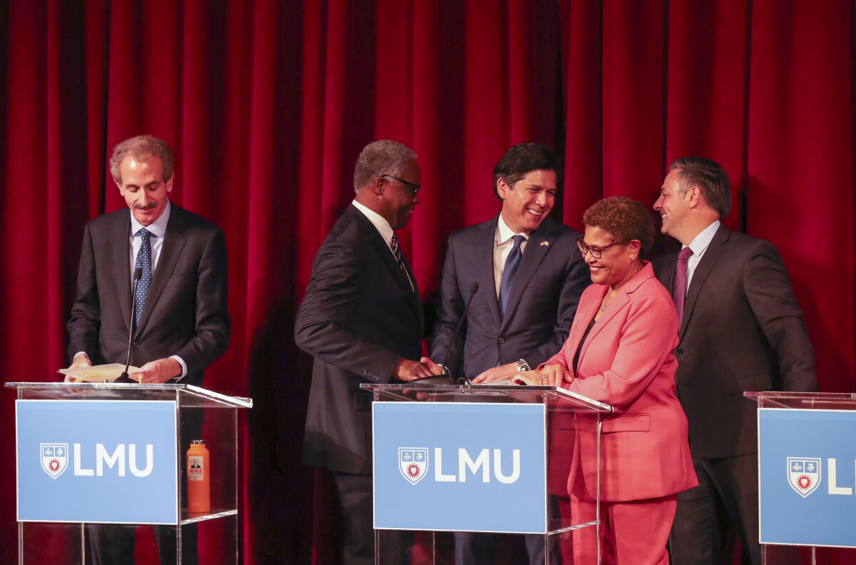Los Angeles mayoral candidates Mike Feuer, Mel Wilson, Kevin de León, Karen Bass and Joe Buscaino wrap up a debate.