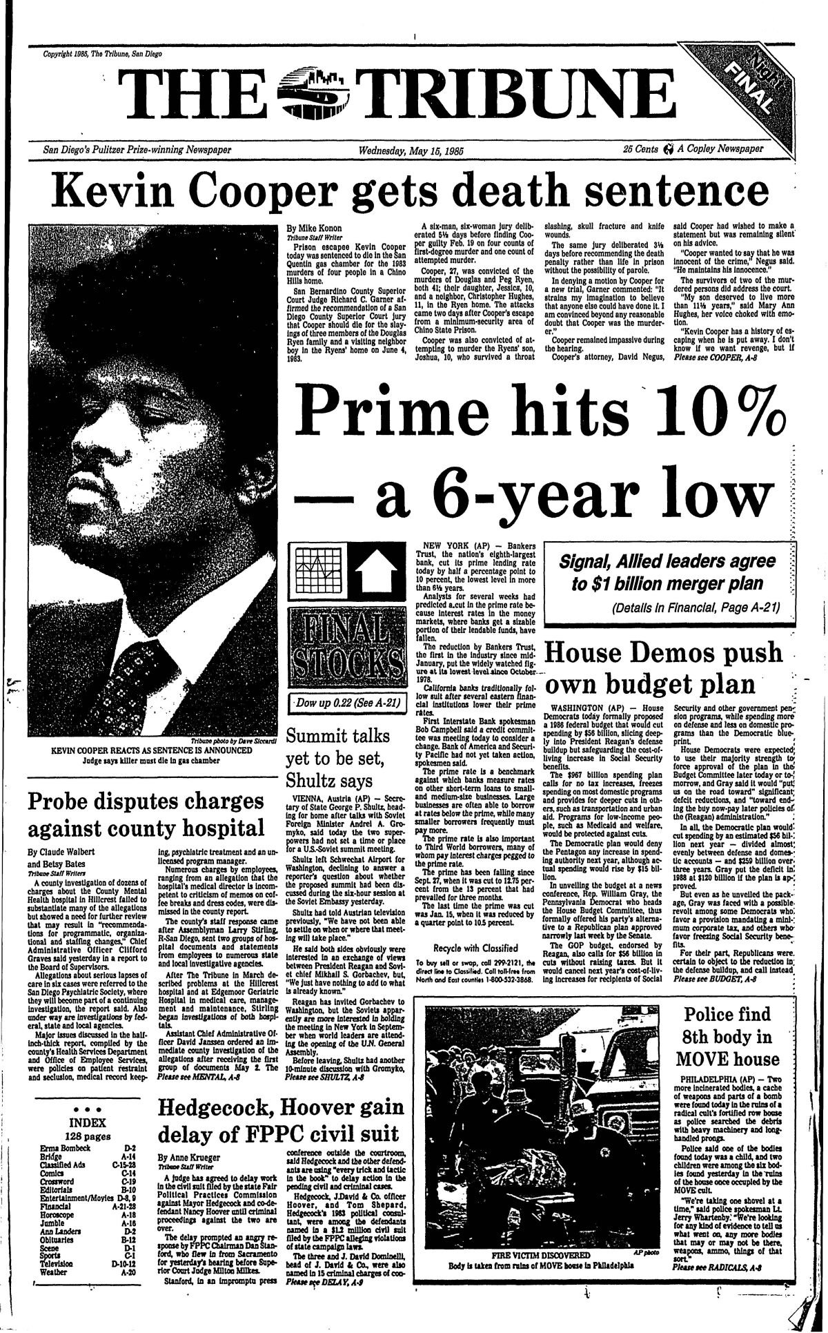 May 15, 1985 Tribune front page with sentencing for Kevin Cooper.