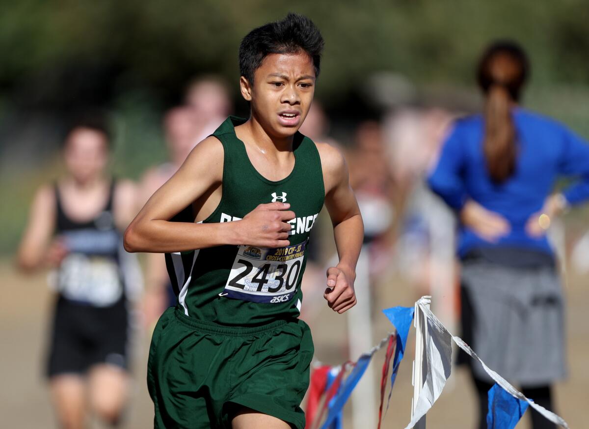 Providence sophomore Xander Penaflor ran in the boys division 5 CIF Southern Section Cross Country Finals, at Riverside City Cross-Country Course in Riverside on Saturday, Nov. 23, 2019.