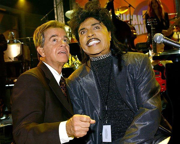 Dick Clark and Little Richard on set in 2002 for rehearsals of the special "American Bandstand's 50th ... A Celebration" at the Pasadena Civic Auditorium.
