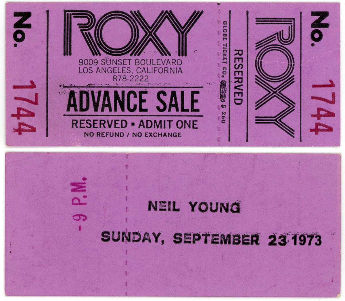 A purple ticket for a Neil Young concert at the Roxy in 1973.