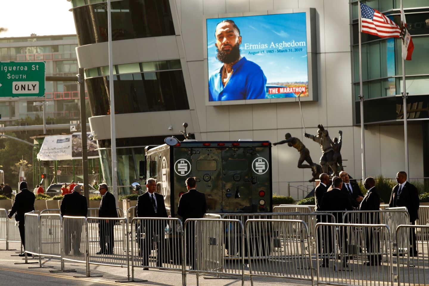 Security is in place at Staples Center ahead of a memorial for slain rapper Nipsey Hussle.