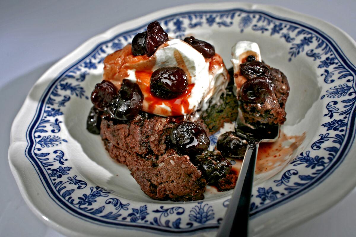 Chocolate shortcakes with brandied cherries