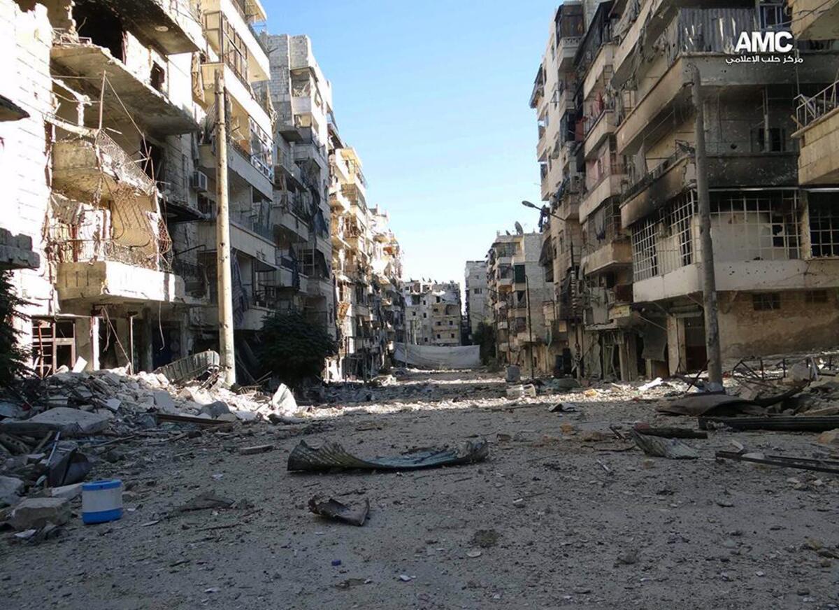 Opposition activists provided this image showing the damage caused by heavy fighting between government and rebel forces in Aleppo, Syria.