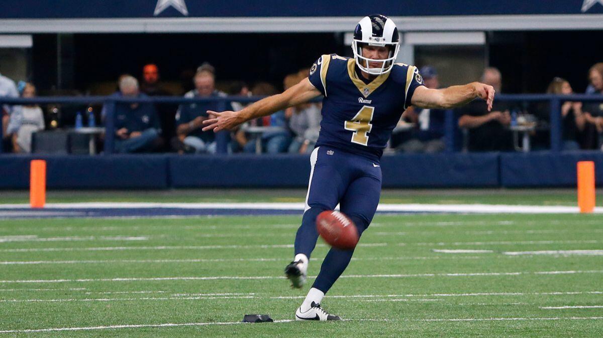 The Rams' Greg Zuerlein kicks off against the Dallas Cowboys on Sunday.