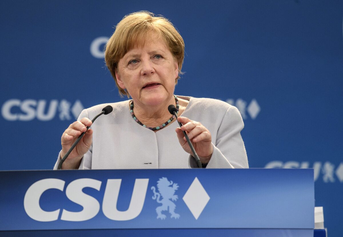German Chancellor Angela Merkel speaks at a campaign event in Munich on Sunday.