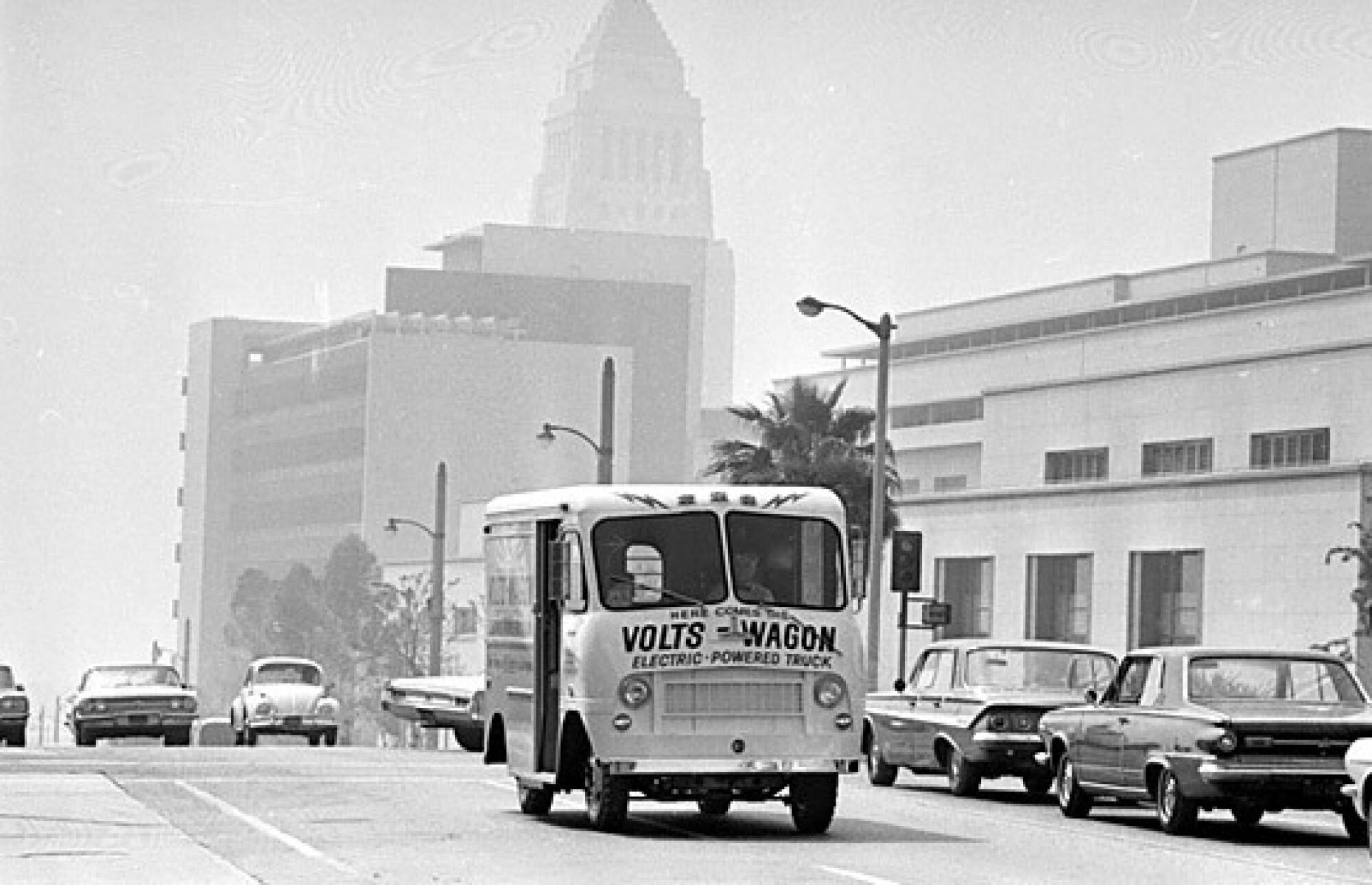 The LADWP "Volts Wagon" shown on a downtown street in 1967. 