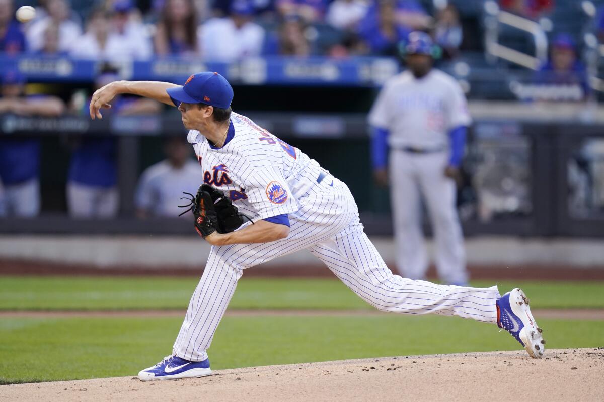 New York Mets' Jacob deGrom delivers a pitch during the first inning of a baseball game against the Chicago Cubs Wednesday, June 16, 2021, in New York. (AP Photo/Frank Franklin II)