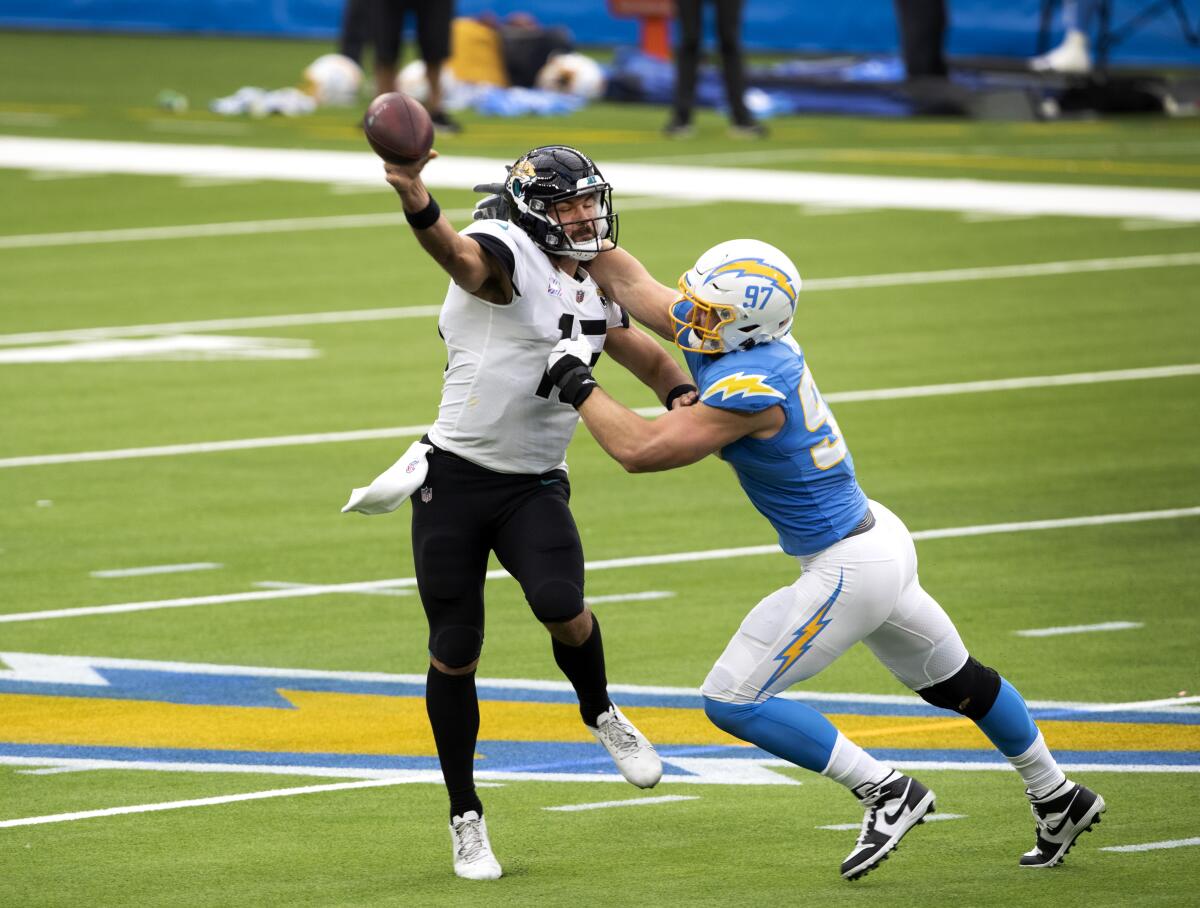 Jaguars quarterback Gardner Minshew is pressured as he makes a pass by Chargers defensive end Joey Bosa.