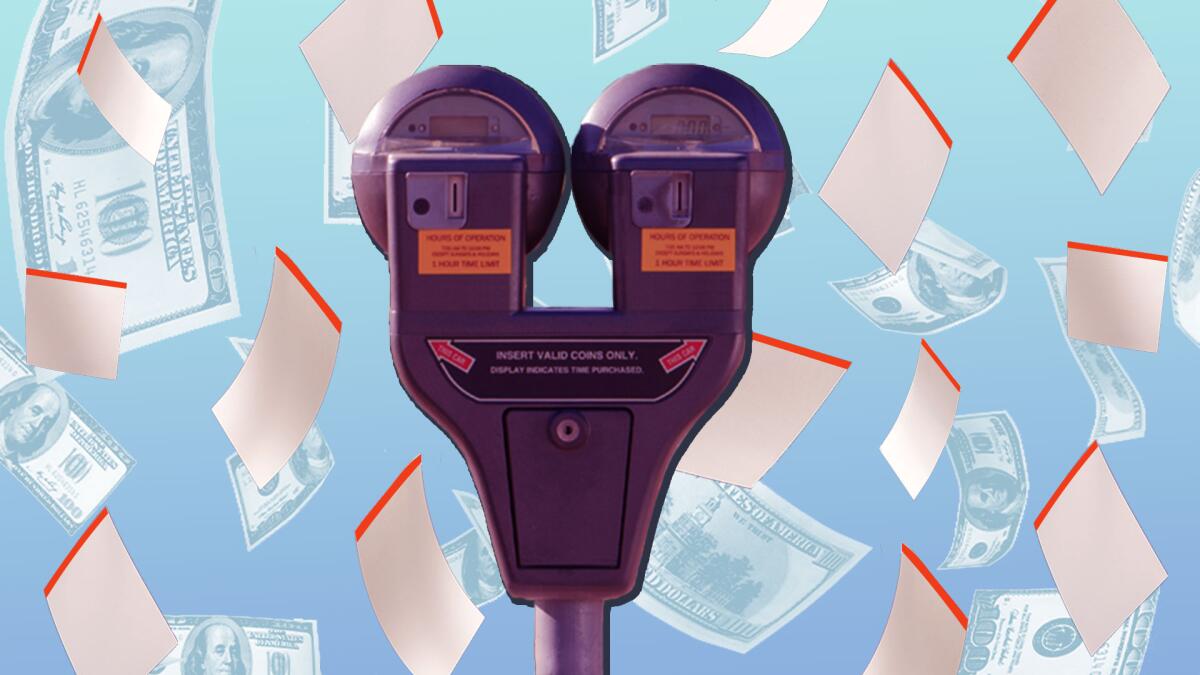 Illustration shows a parking meter surrounded by falling citations and dollar bills.