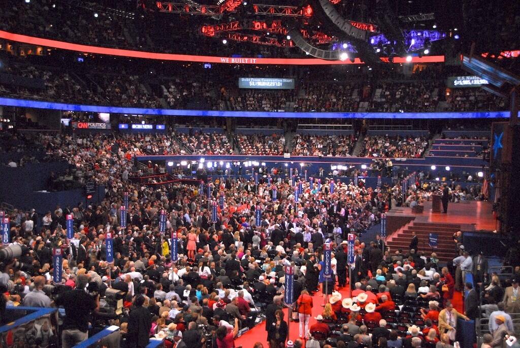 A view inside the main convention hall of the RNC on Tues., Aug. 28, 2012.