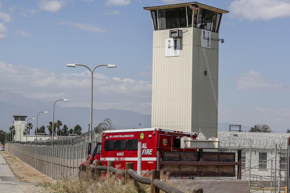 A small plane crashed into the prison yard of the California Rehabilitation Center in Norco on Monday afternoon, authorities said. (Robert Gauthier/Los Angeles Times)