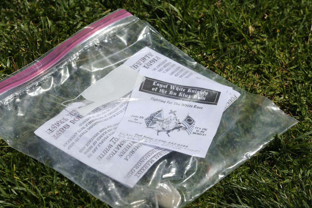 A white supremacist flier found Tuesday on the lawn of a home on San Bernardino Avenue in Newport Beach.