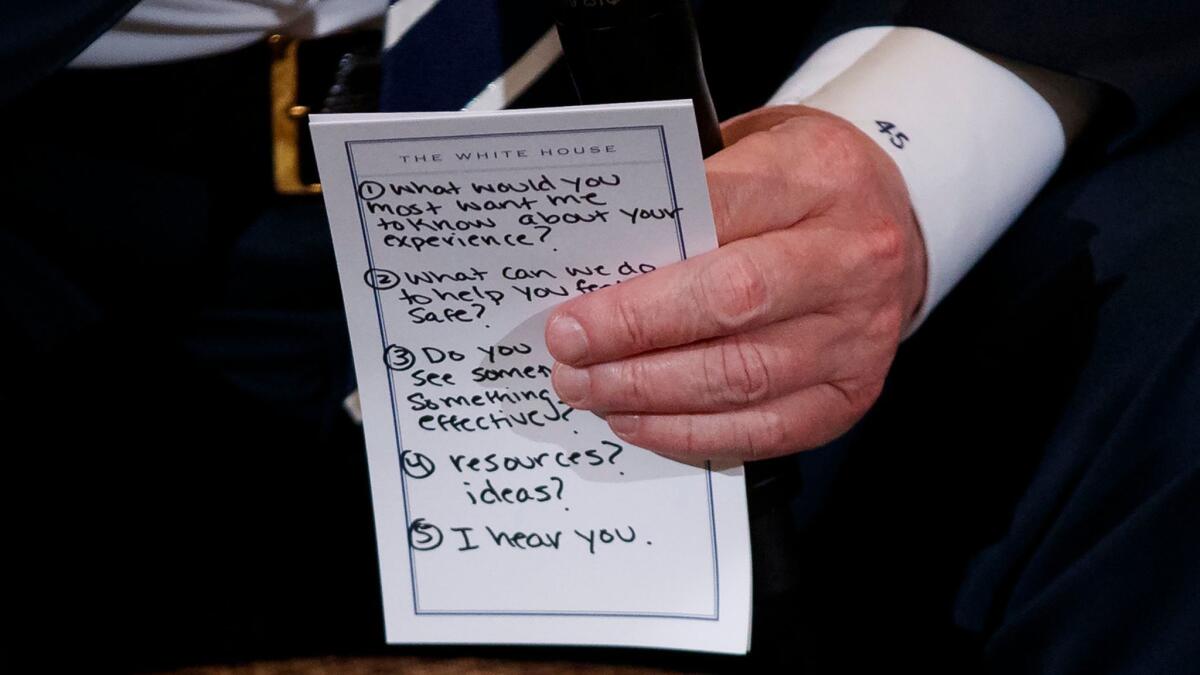 President Trump's notes during a listening session with students and parents at the White House.