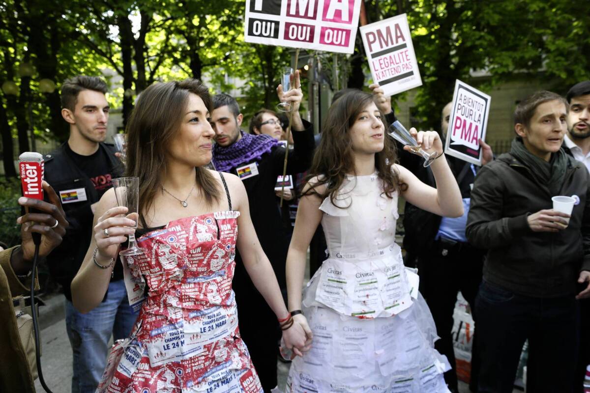 Protesters in favor of gay marriage demonstrate outside the National Assembly in Paris.