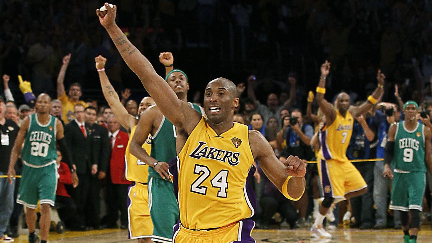 Lakers star Kobe Bryant celebrates after winning his fifth NBA title following a victory over the Boston Celtics in Game 7 of the 2010 NBA Finals.