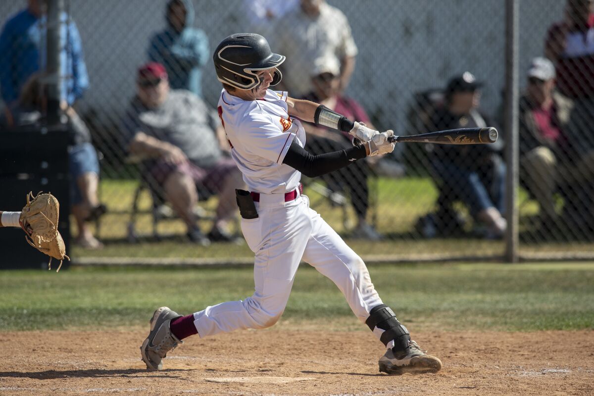 Estancia's Blake Peck hits a run-scoring double in the fourth inning against Fontana A.B. Miller on Tuesday.