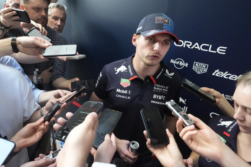 Red Bull driver Max Verstappen speaks to members of the media ahead of the Formula One Miami Grand Prix auto race at the Miami International Autodrome, Thursday, May 2, 2024, in Miami Gardens, Fla. (AP Photo/Wilfredo Lee)