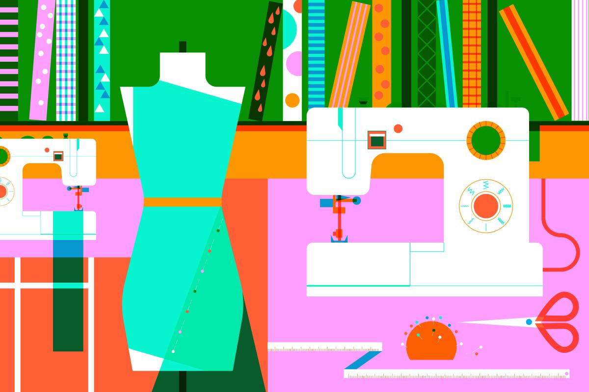 Colorful illustration of a sewing room full of fabric, sewing machines and a dress form.