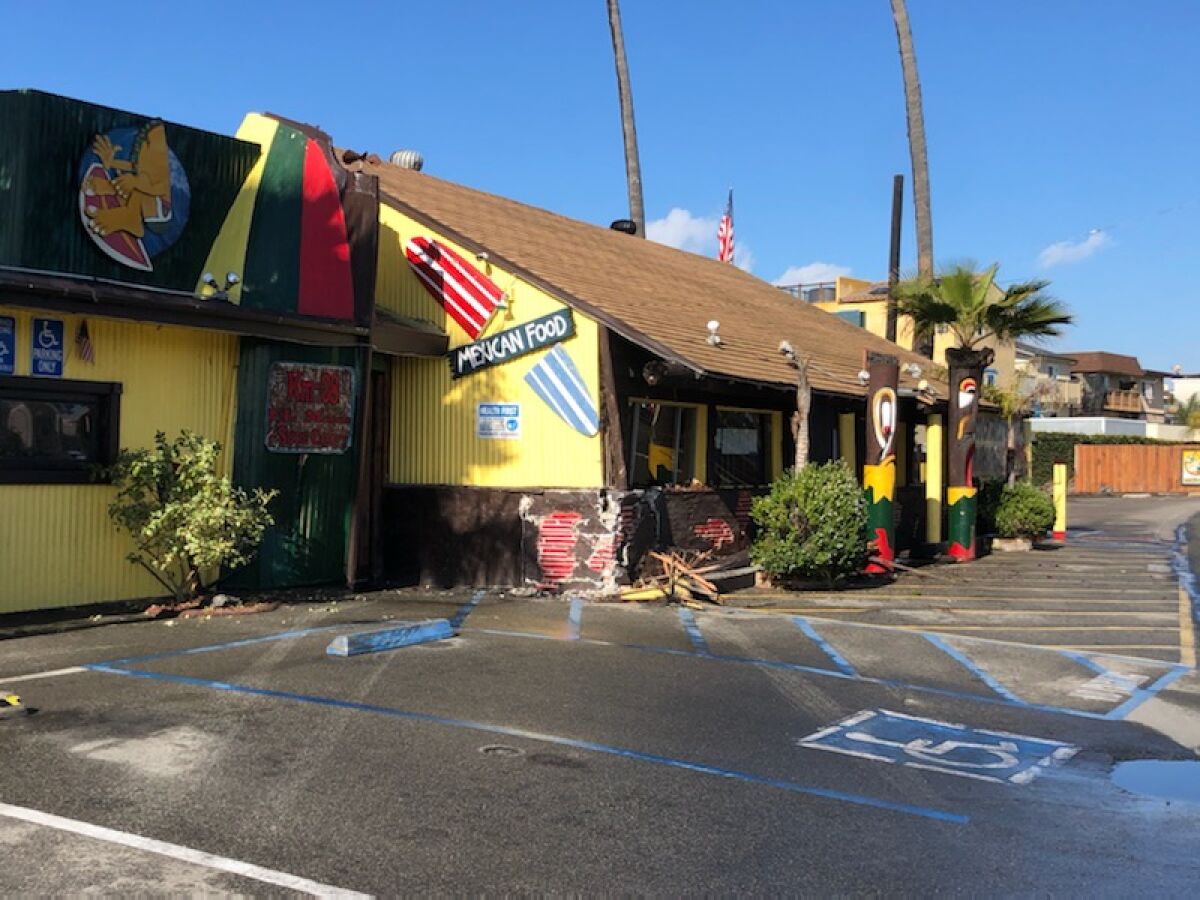 The exterior of Taco Surf, after a hit-and-run driver collided into the structure in March 2021.
