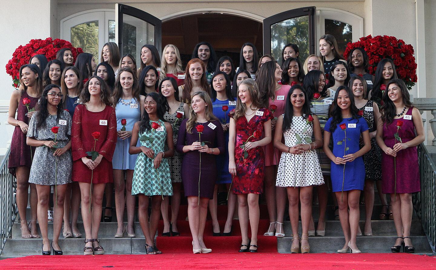 All 39 finalists nervously stand together after being announced to the crowd at the announcement of the 2016 Tournament of Roses Royal Court at the Tournament House in Pasadena on Monday, Oct. 5, 2015.
