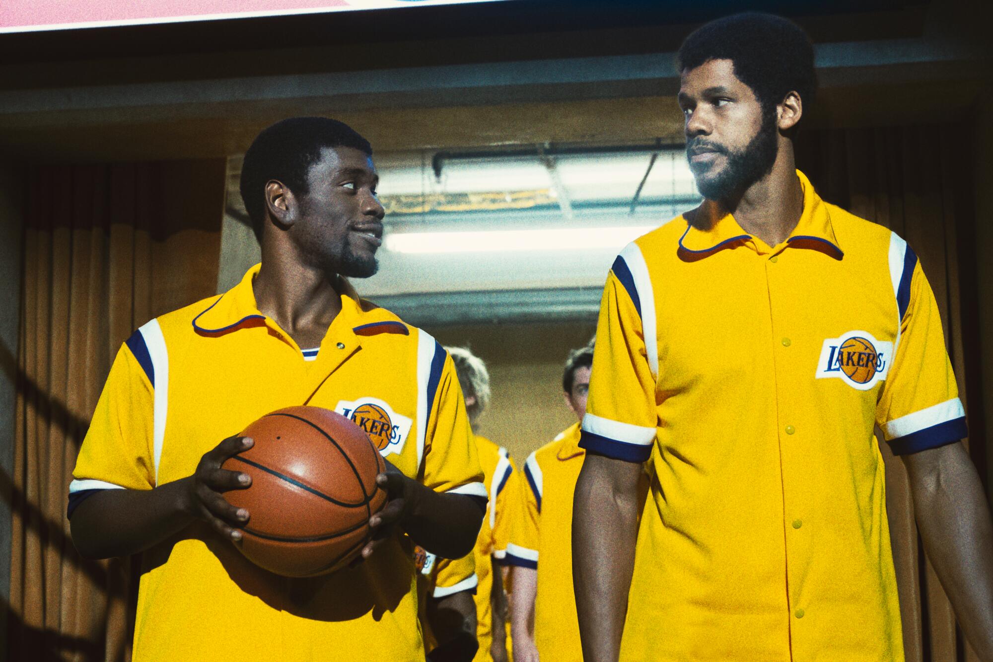 (L-R) Quincy Isaiah as Magic Johnson and  Solomon Hughes as Kareem Abdul-Jabbar in "Winning Time." ?