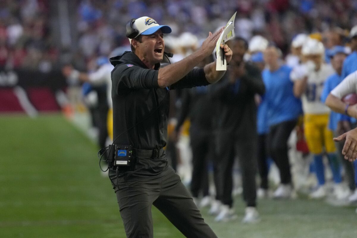 Chargers coach Brandon Staley calls a time out against the Arizona Cardinals in the second half.