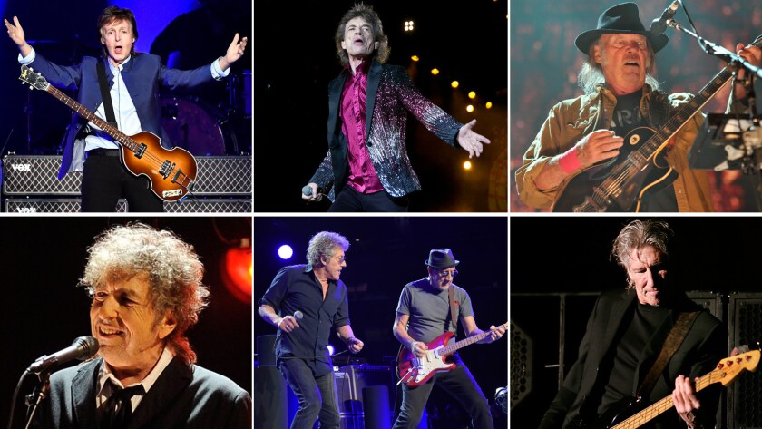 Top row, left to right: Paul McCartney, The Rolling Stones' Mick Jagger and Neil Young. Bottom row, left to right: Bob Dylan; Roger Daltrey and Pete Townshend of The Who and former Pink Floyd frontman Roger Waters