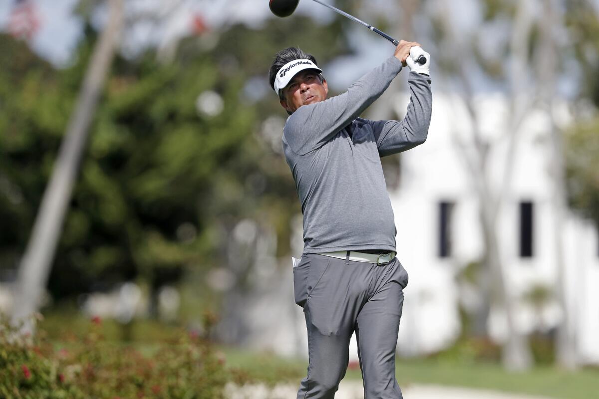 David Morland IV tees off at the fifth hole in the second round of the Hoag Classic at Newport Beach Country Club on Saturday.