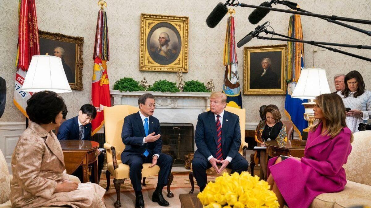 President Trump welcomes South Korean President Moon Jae-in to the Oval Office of the White House.
