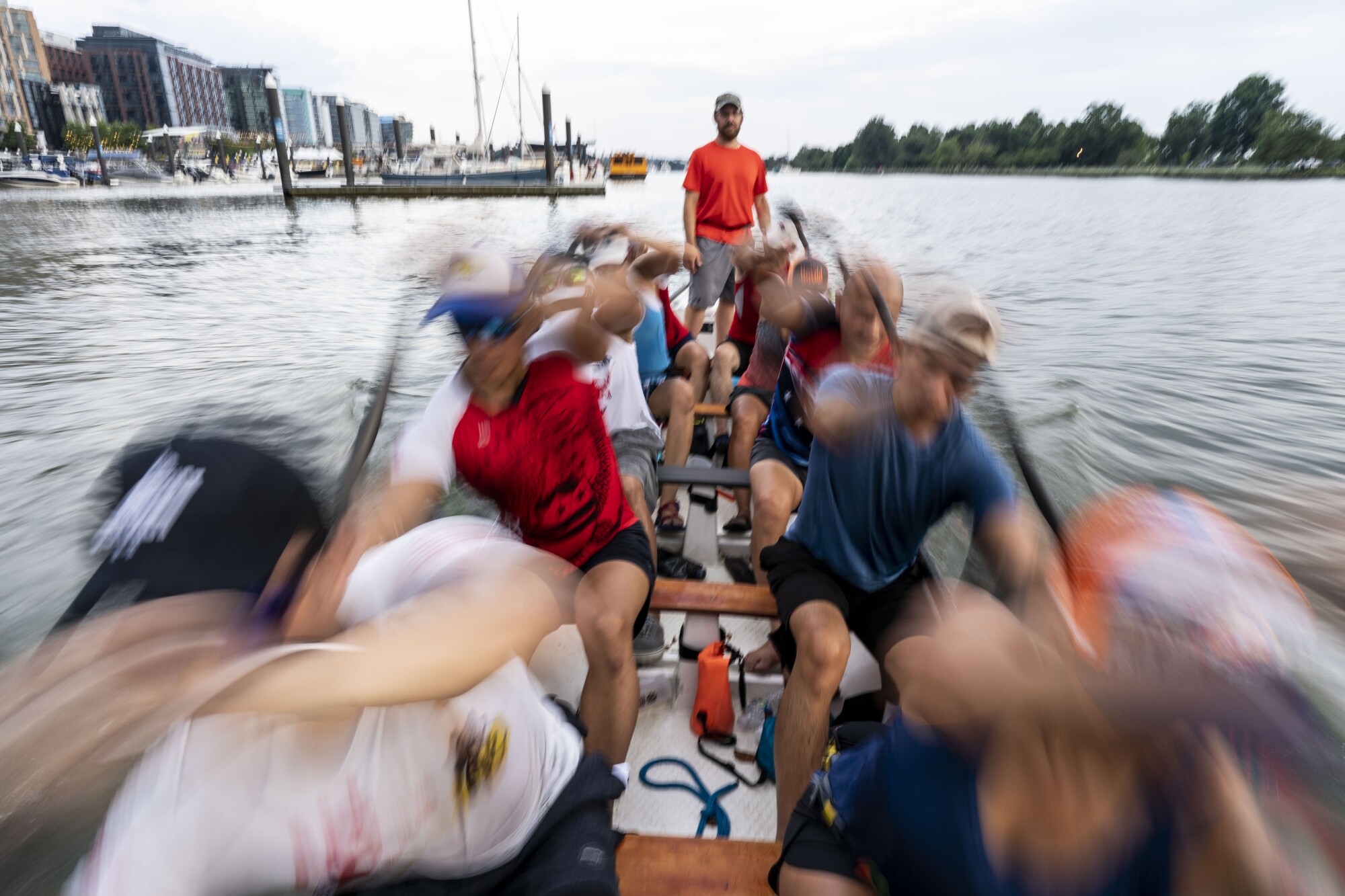 The DC Dragon Boat Club practices in the Washington Channel.