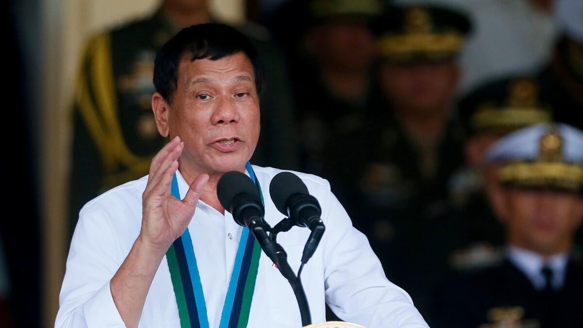 Philippine President Rodrigo Duterte addresses troops at Camp Aguinaldo in Quezon City on Dec. 7, 2016.